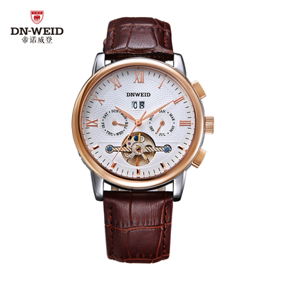 帝诺威登商务正品皮带全自动机械表镂空陀飞轮男表 防水手表男士
