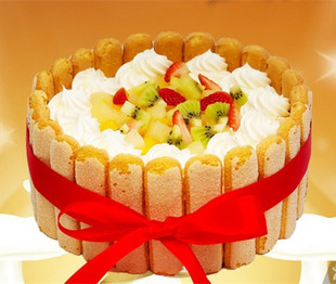 戚风蛋糕鲜奶生日手指饼干围边红色丝带新鲜水果装饰珠海同城配送