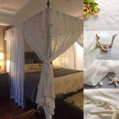 东南亚风格地中海美式中式四柱实木床粘扣吊带白色棉麻绣花纱床幔