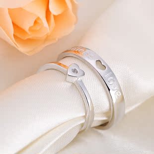 维罗纳925银韩国时尚情侣对戒心形男女活口创意刻字戒指求婚礼物