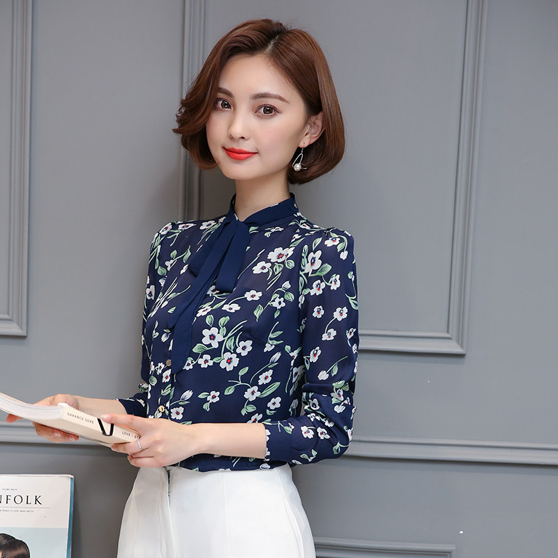 春款花色纱料小衫女款长袖女中年女士30岁雪纺衫衬衫衣服女版上衣
