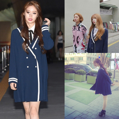 tara朴智妍hani金艺媛2015同款海军风中长款大衣双排扣百褶连外套