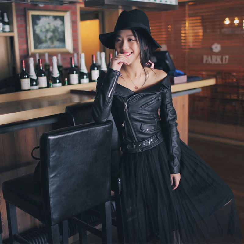 2017春季新装机车一字领性感修身露肩短款黑色皮衣pu外套女上衣潮
