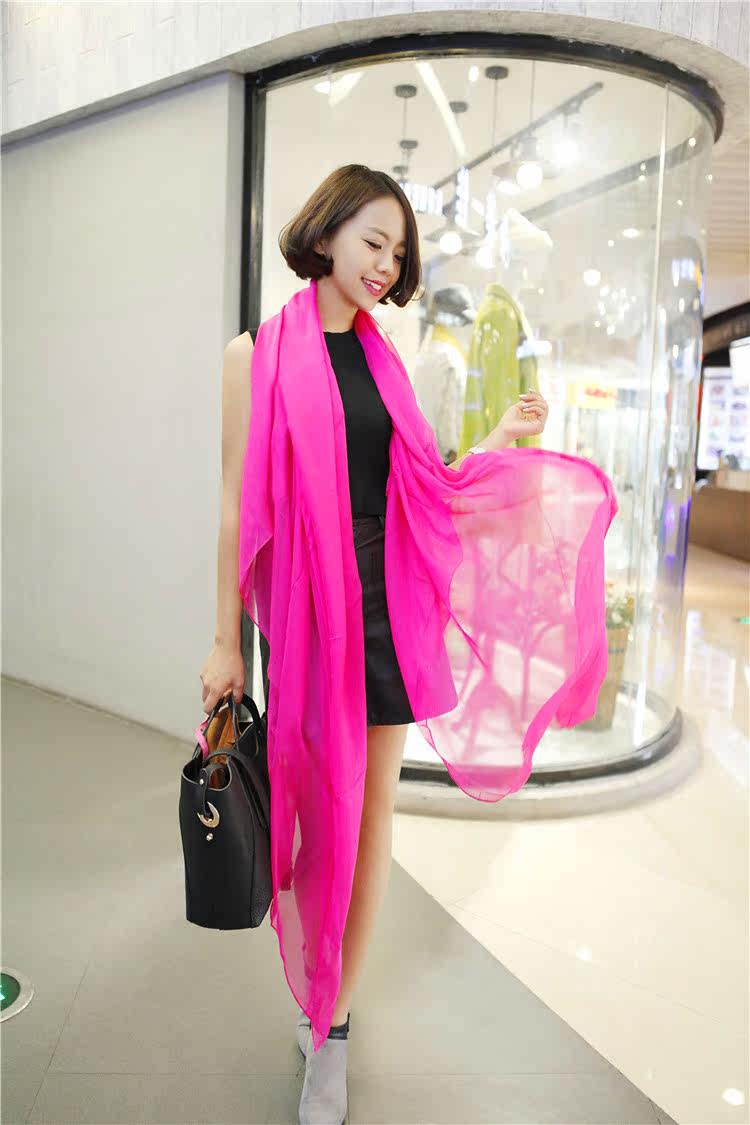 正品薇美春秋桑蚕丝围巾纯色长款披肩保暖丝巾女玫粉色玫红色真丝