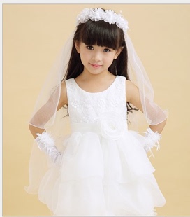 儿童长头纱韩版花童花环女童发饰白色公主婚纱头饰双层头纱女
