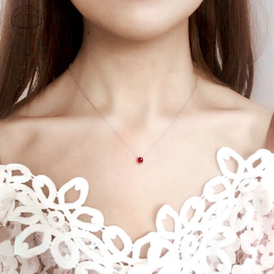 小范仙简约日韩小清新925纯银朱砂痣项链女款 锁骨链红宝石吊坠