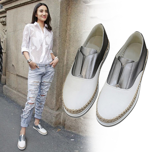 2016春夏白色平底休闲鞋单鞋渔夫鞋女乐福鞋女真皮小白鞋