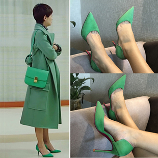 我的前半生马伊璃唐晶罗子君同款绿色高跟鞋细跟尖头黑色中空单鞋