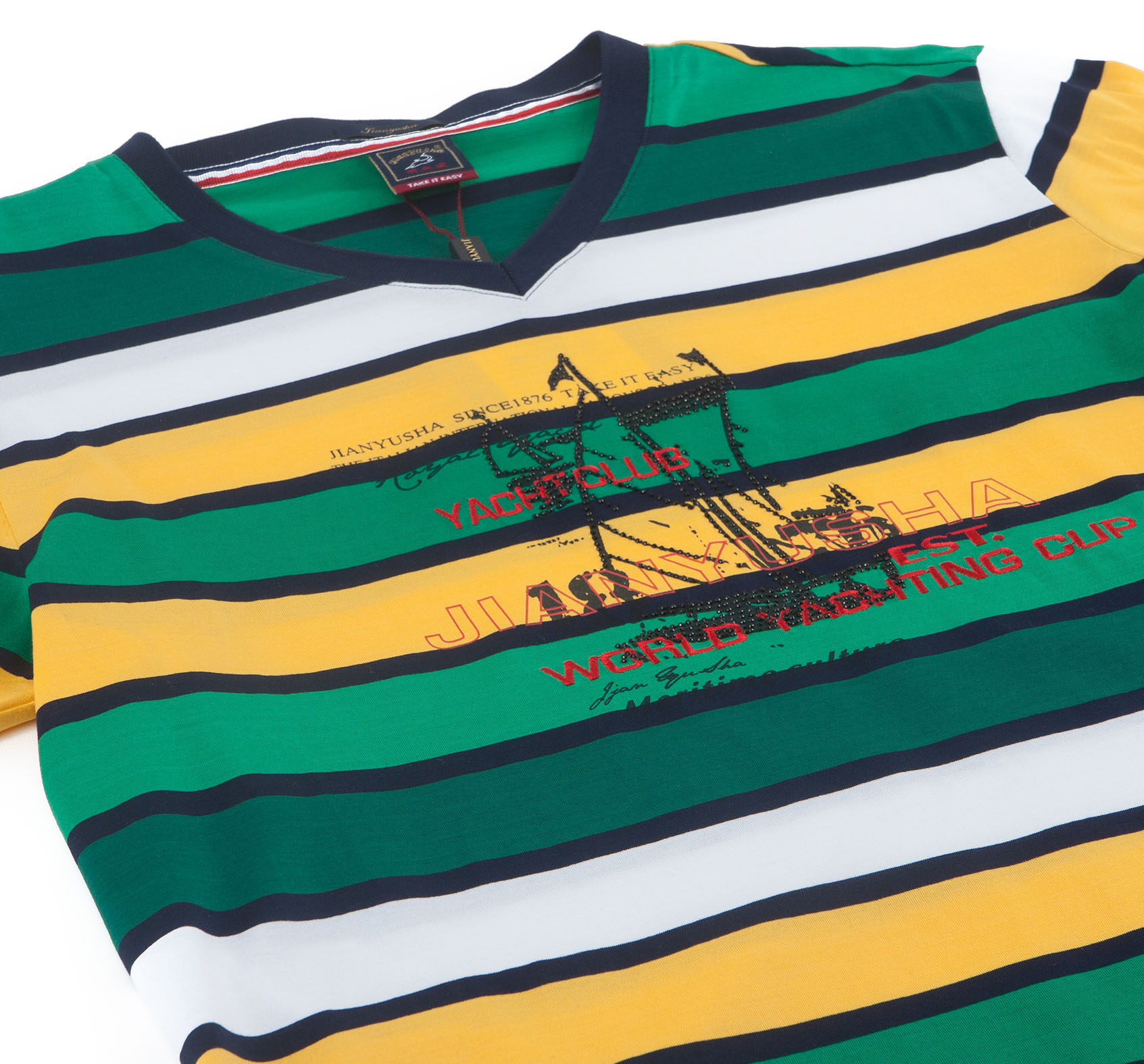 箭鱼鲨男装男士夏季精品上新 纯棉刺绣v领时尚彩条纹短袖t恤