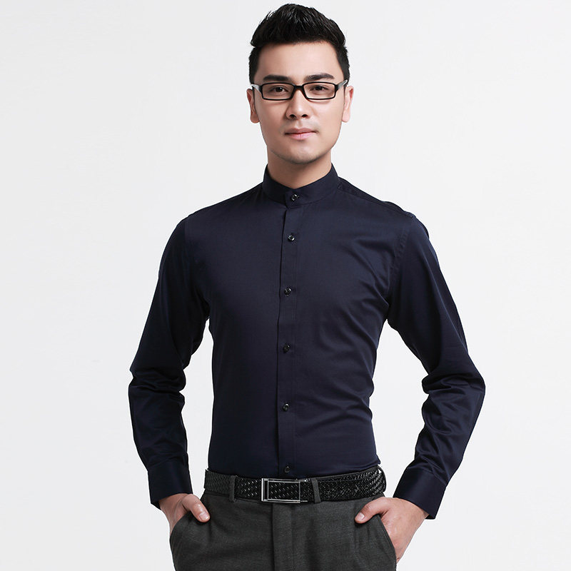 才子雀纯色中华小立领衬衫男士长袖商务修身纯棉中国风圆领衬衣