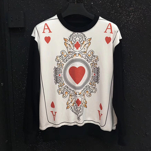 欧洲站秋季潮牌红桃a直喷印花圆领套头外套男女情侣休闲上衣卫衣