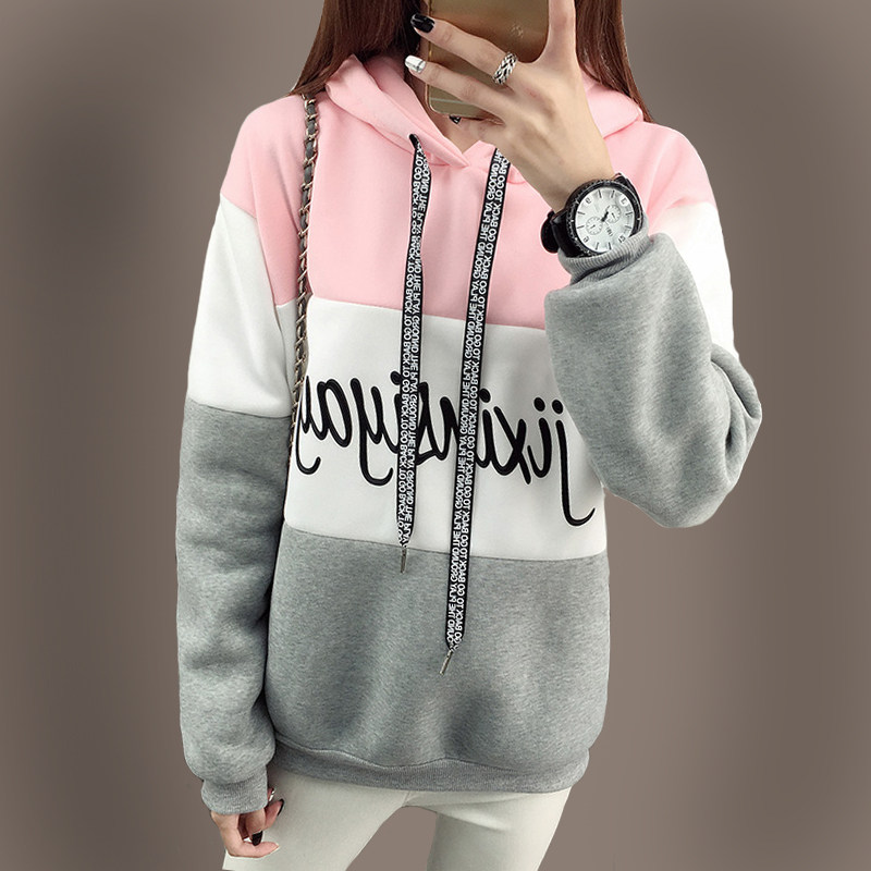 2017新款带帽加绒加厚撞色字母卫衣女套头中长款上学生衣服冬季潮