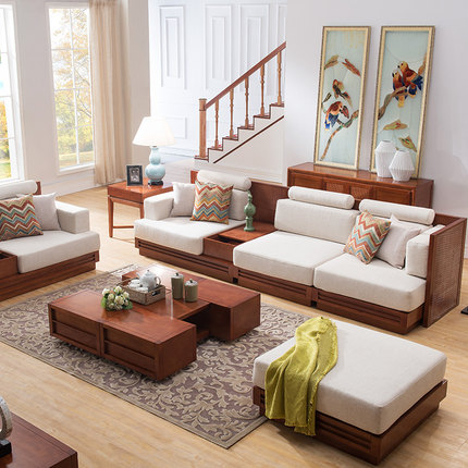 三木印象正品东南亚风格实木沙发人气组合水曲柳布艺茶盒客厅家具