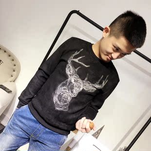 2016快手红人魏龙同款时尚休闲刺绣小鹿卫衣加绒圆领套头上衣修身