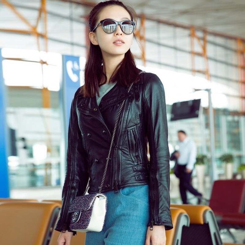2017春季刘诗诗明星同款机车小皮衣修身短款pu皮夹克女双排扣外套