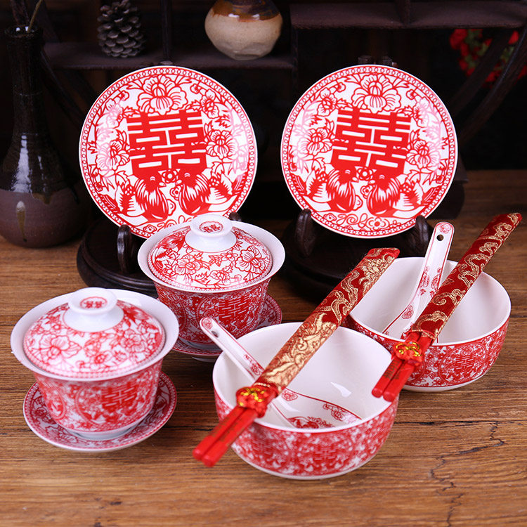 婚庆用品陶瓷龙凤对碗结婚喜碗喜杯喜筷敬茶杯套装结婚礼物碗筷 ￥48.