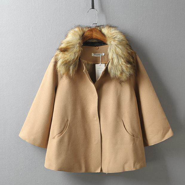 欧美风 廓形 七分袖毛呢外套 开衫 披肩 风衣