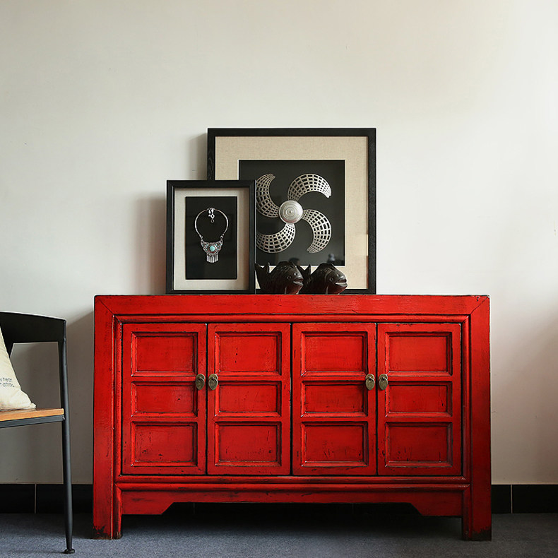中国红四门窗格柜住宅家具门厅玄关柜仿古混搭中式鞋柜实木彩漆柜
