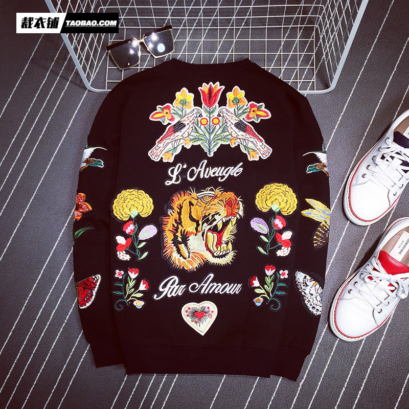 2017春季新款欧美潮牌老虎贴布刺绣圆领休闲卫衣男奢华情侣外套潮