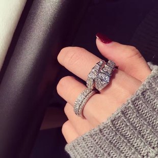 b家舒淇同款蛇戒指满钻925银电镀开口女指蛇头蛇形食指环