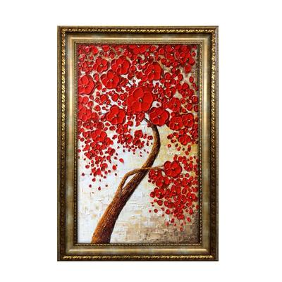 纯手工客厅画欧式玄关立体油画发财树竖版挂画红色喜庆手绘画定制