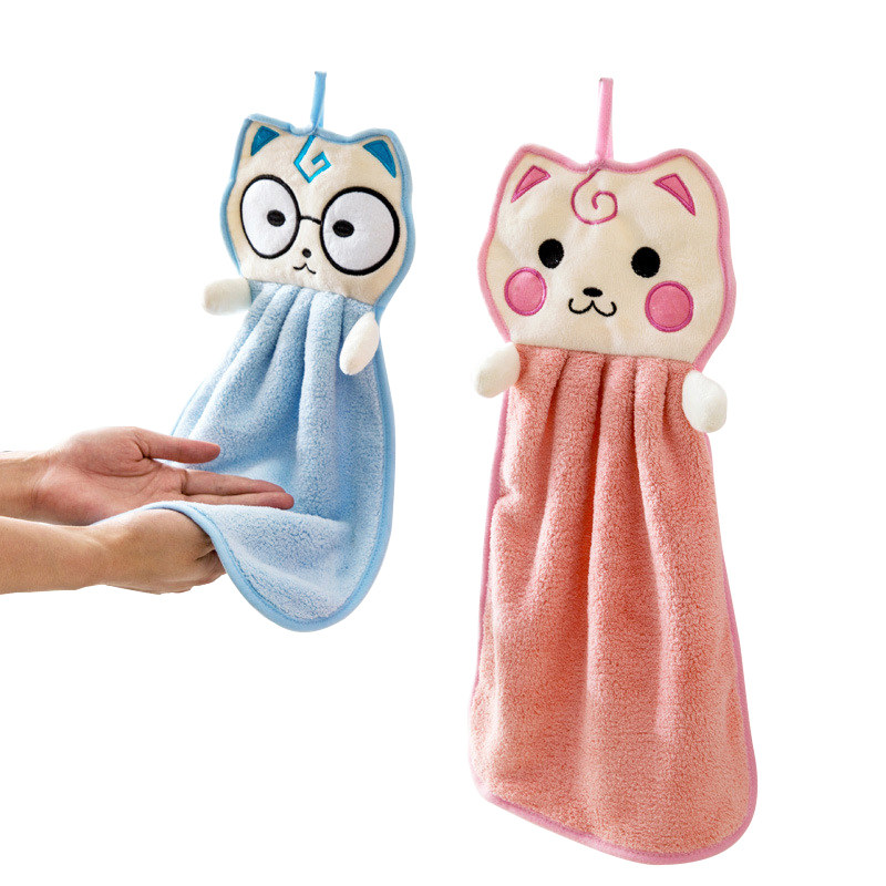 可爱卡通小猫加厚挂式擦手巾厨房浴室擦手布吸水性好洗碗毛巾抹布