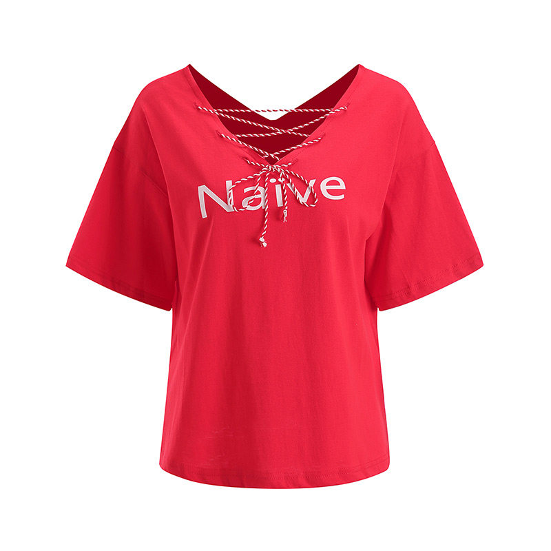 【sasa小姐】定制 夏季随性休闲风大领口卷边宽松纯色短袖t恤 女