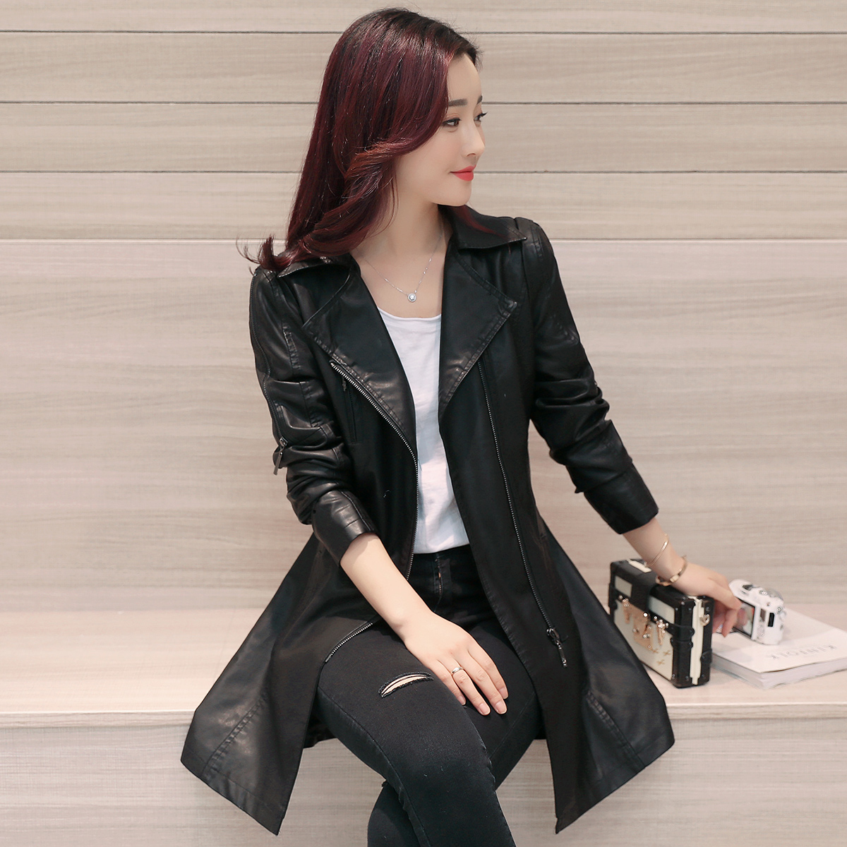 皮衣2017年春女新款中长款pu皮外套韩版百搭春秋显瘦拼接修身个性