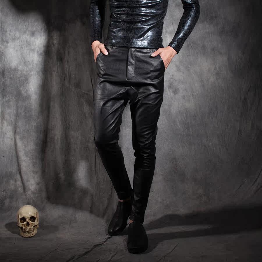 男士秋冬季装长裤 朋克机车夜店风个性设计休闲个性修身小脚皮裤