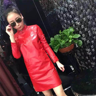 海宁2016春新款女真皮绵羊皮长袖复古旗袍全皮修身连衣裙短裙中式