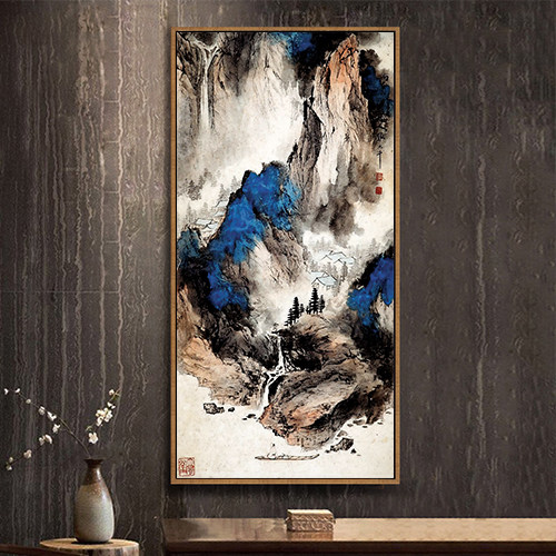 张大千新中式客厅装饰画玄关走廊过道挂画竖版山水国画背景墙壁画
