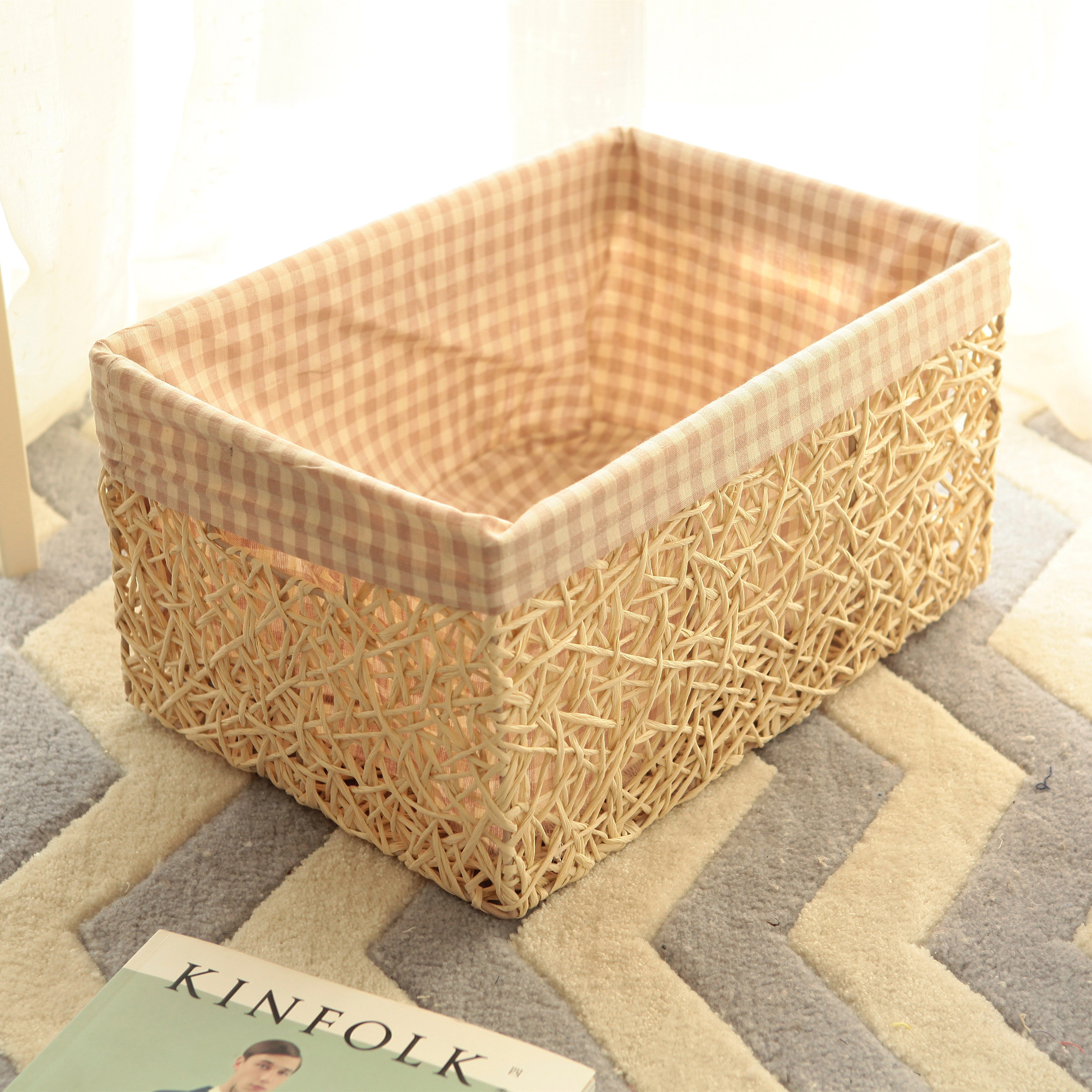 原创极简美式可拆卸内衬收纳箱编织筐装饰收纳框储物篮草藤编织篮