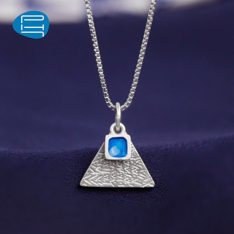 ph7原创银饰品925银项链女个性三角吊坠蓝色珐琅锁骨链日韩饰品女