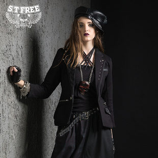 2015秋冬朋克风女装铆钉pu拼接短款小西装外套街头日系修身西服潮