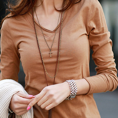 2015秋新款女装v领卷边纯色打底衫韩版修身大码显瘦纯棉长袖t恤女