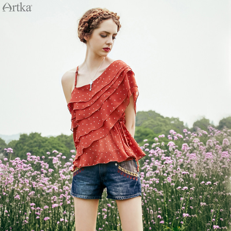 artka阿卡diamond系列夏季新女装荷叶边抽绳漏肩雪纺衫sa12079x