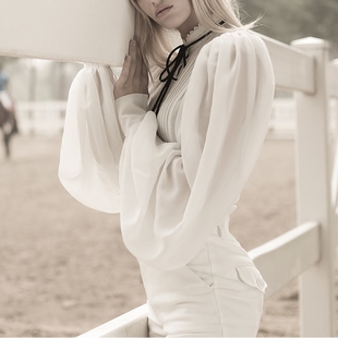 灯笼yu/丽莎余2017宫廷复古蕾丝花边系带立领超大灯笼袖衬衫 lisa