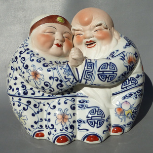 御豪景德镇瓷器雕塑青花手绘老来乐寿公寿婆祝寿礼物家居饰品摆件