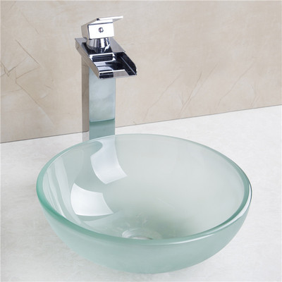 洁妮 透明磨砂钢化玻璃台上盆 洗脸盆艺术盆含水龙头 玻璃盆套装