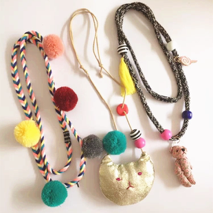 2014韩国进口饰品儿童项链 手工布艺小猫项链花朵毛衣链秋冬 女童