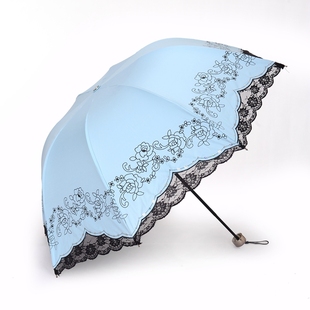 艾瑞丝绣花印花黑胶三折遮太阳伞防晒upf 50防紫外线s3281贵夫人