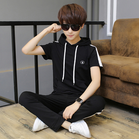 青少年套装男初中学生两件套短袖t恤男孩夏装13-15岁14男生连帽16