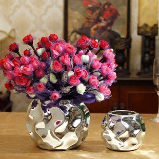 现代欧式桌摆仿真花陶瓷花瓶装饰品墙柜餐桌镀银圆形台面插花摆件