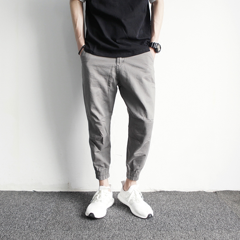 春夏新原宿街头灰色九分束脚裤潮男修身小脚9分锥形裤收口哈伦裤