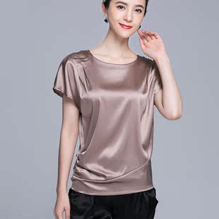 桑蚕丝 宽松圆领短袖t恤桑蚕丝女 2016夏季新款真丝纯色大码女装上衣