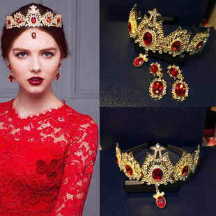 拜占庭金色发箍耳夹复古大皇冠头饰手工夸张影楼饰品套装包邮