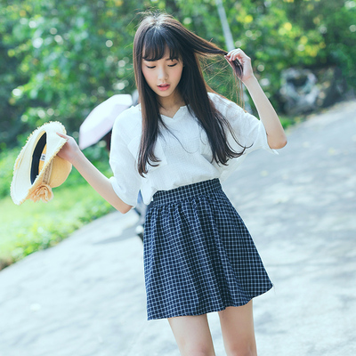 原茵原创2015夏装新款复古文艺小清新格子半身裙短裙a字裙百褶裙