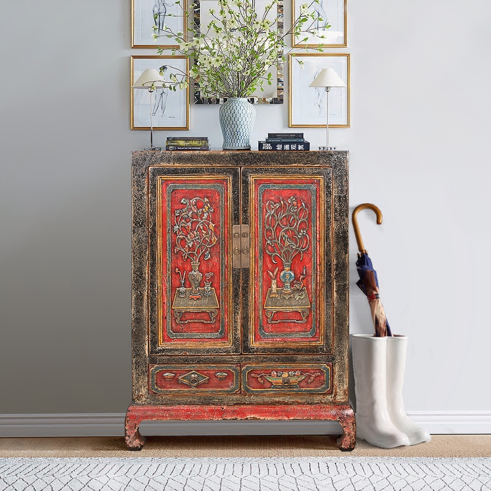 新中式实木雕花玄关柜整装原木复古做旧装饰柜门厅走廊.