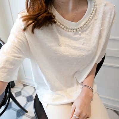 现货韩国东大门代购女装正品2015秋装新款宽松纯色珍珠短袖t恤潮