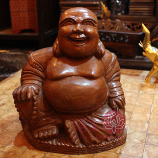 泰国工艺品柚木雕弥勒佛摆件佛像工艺摆设东南亚欢喜佛家装饰品h